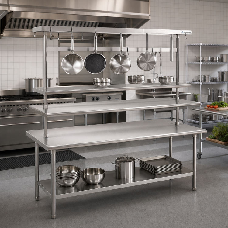 Product image #2 for Advance Tabco Adjustable Table-Mounted Stainless Steel Commercial Pot Rack, 120 Inch Wide, with 9 Plated Hooks