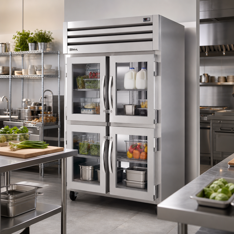 Product image #2 for True Spec Series 2-Section Pass-Thru Reach-In Refrigerator with 4 Front Glass Half Doors and 2 Rear Glass Doors