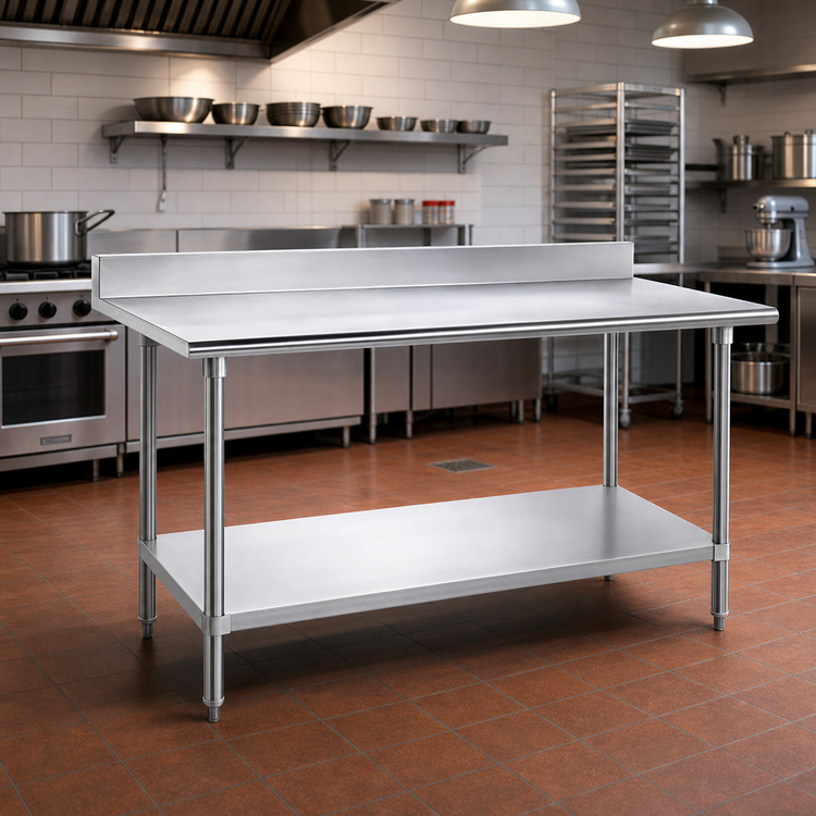 Product image #2 for Advance Tabco 144-Inch x 36-Inch Stainless Steel Work Table with 5-Inch Backsplash and Adjustable Undershelf