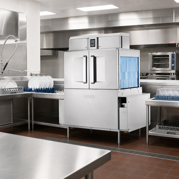Product image #2 for Hobart Warewash Flow CL44-ADV+BUILDUP Single-Tank Conveyor Dishwasher with Drain Water Energy Recovery, 202 Racks/Hour
