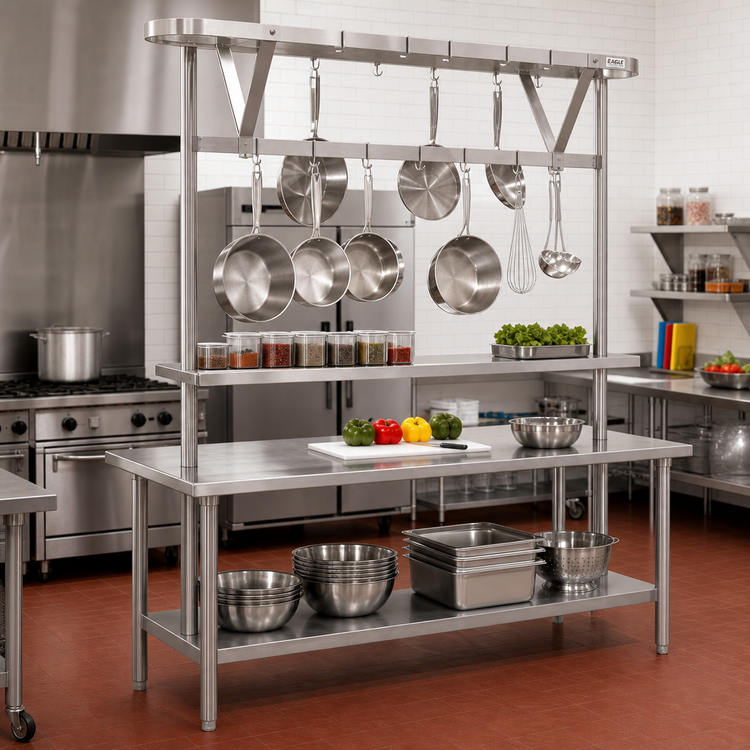Product image #2 for Eagle Group Table-Mounted Triple-Bar Aluminum Pot Rack for 84-Inch Tables