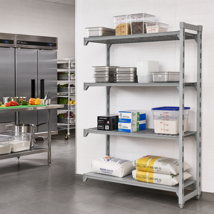 Product image #3 for Cambro Camshelving Premium 4-Tier Add-On Polymer Shelving Unit, 30W x 24D x 72H, Vented and Solid, Speckled Gray