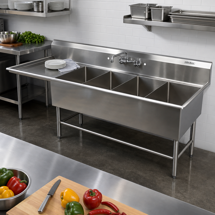 Product image #2 for John Boos Pro-Bowl 4-Compartment Stainless Steel Sink with Left Drainboard, 12" Deep Bowls