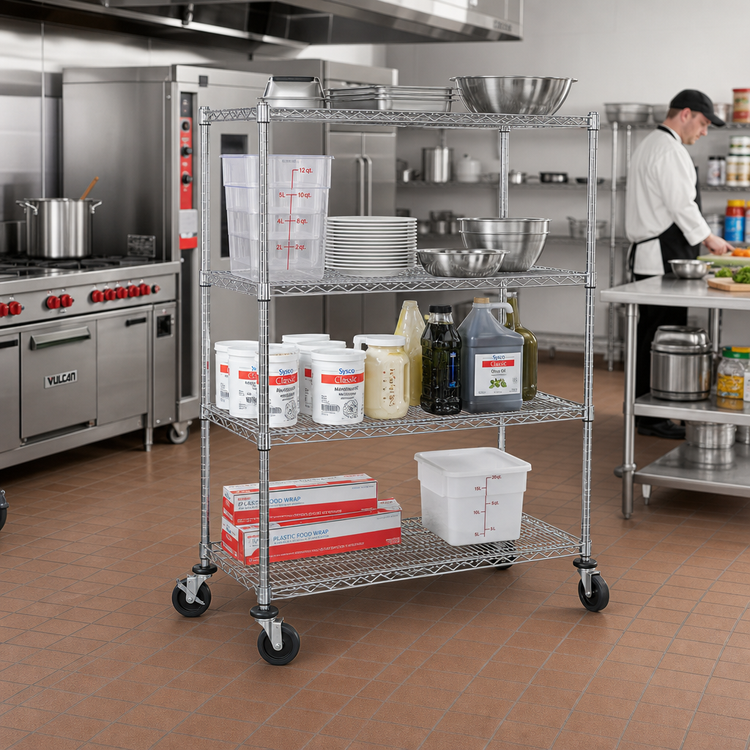 Product image #2 for Metro Super Erecta Chrome Wire Stem Caster Cart with 4 Shelves, 60 x 18 x 69 Inches