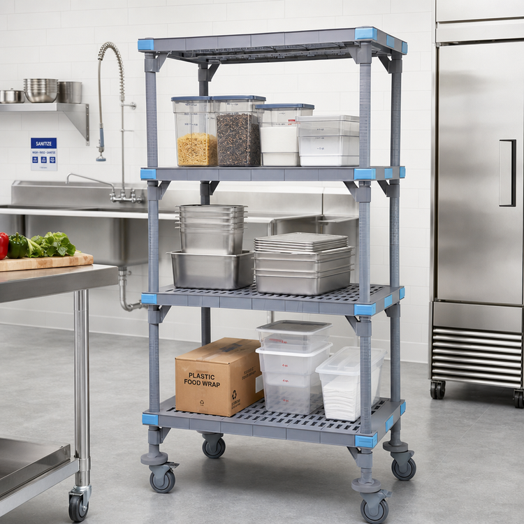 Product image #2 for Millenia Mobile Polymer Shelving Starter Unit with 4 Open Grid Shelves, 36 x 18 x 74 Inches
