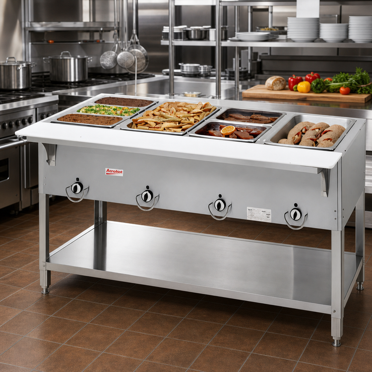 Product image #2 for Aerohot Electric Stainless Steel Hot Food Station with 4 Sealed Wells, Open Base, and Carving Board