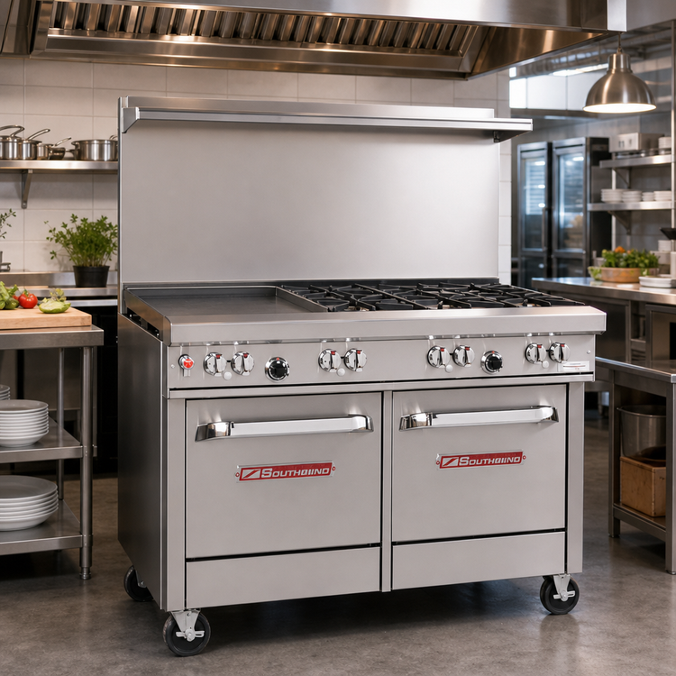 Product image #2 for Ultimate 48-Inch Commercial Gas Restaurant Range with 24-Inch Griddle, 2 Star/Sauté Front Burners, 2 Non-Clog Rear Burners, Convection Oven, and Cabinet Base