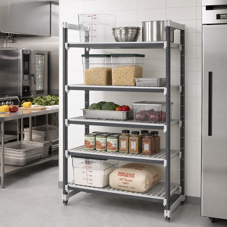 Product image #2 for Cambro Camshelving Elements XTRA 5-Tier Stationary Starter Unit, 18" x 54" x 84", Vented Polymer Shelving, Speckled Gray
