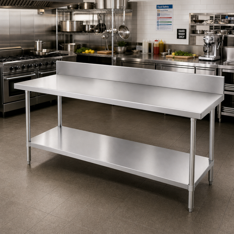 Product image #2 for Advance Tabco 120" x 36" 14-Gauge 304 Stainless Steel Work Table with 10" Backsplash and Galvanized Undershelf
