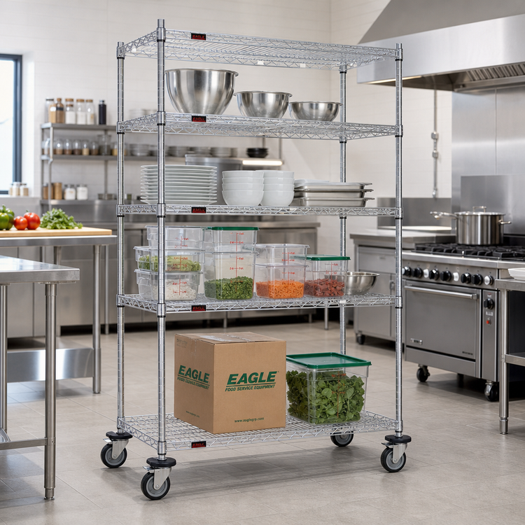 Product image #2 for Eagle Group 4-Tier Chrome Wire Shelving Dolly Truck, 69" High, with 5" Swivel Poly Casters