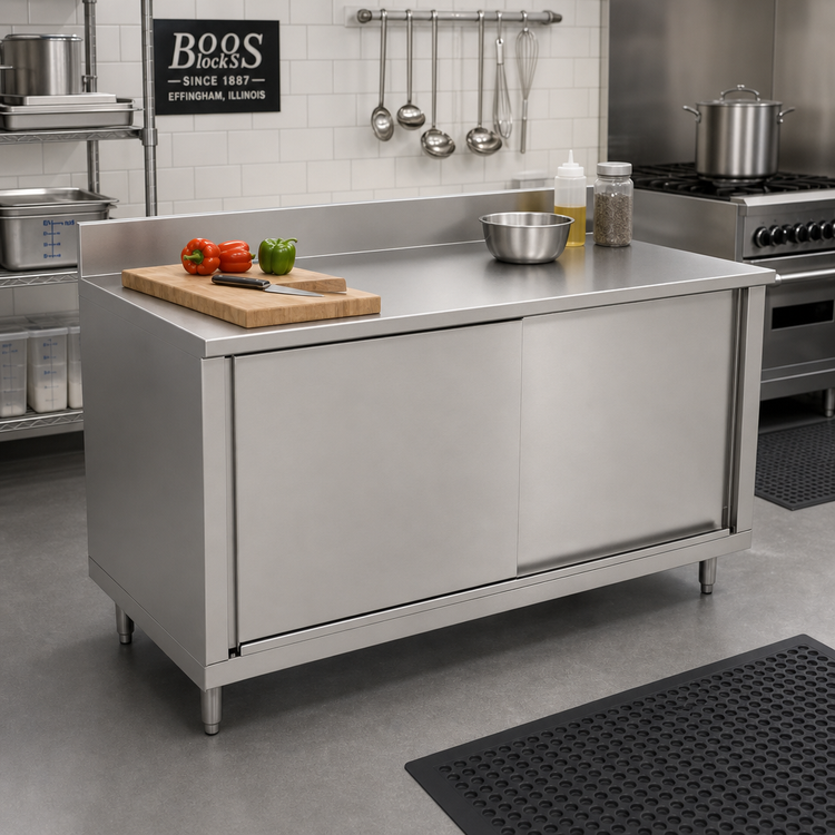 Product image #2 for John Boos Stainless Steel Enclosed Work Table with Sliding Doors, 72 x 30 Inches, 16-Gauge Top, 5-Inch Backsplash