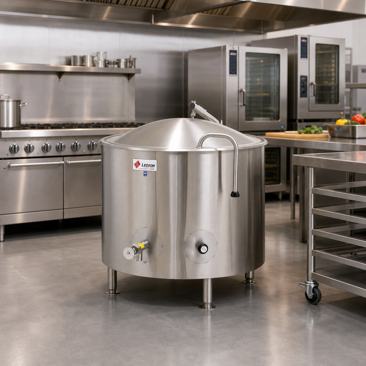 Product image #2 for Low-Rim 80-Gallon Stationary Direct Steam Kettle with Full Jacket and Quad-Leg Base
