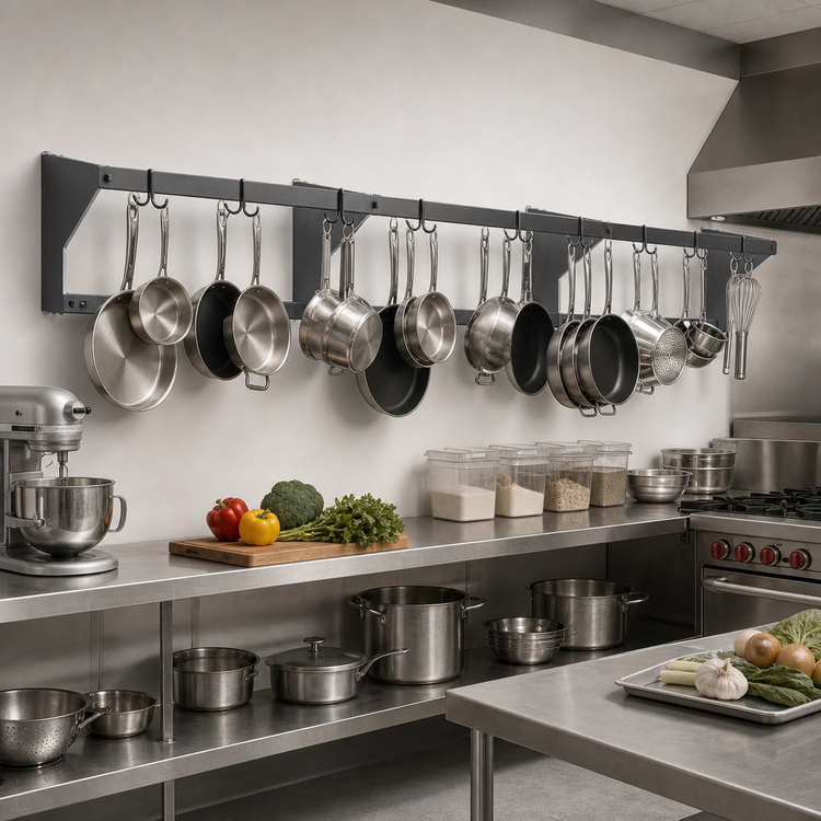 Product image #2 for Eagle Group Wall-Mounted Double-Bar Aluminum Pot Rack with 20 Double-Pronged Hooks, 120 Inches Wide