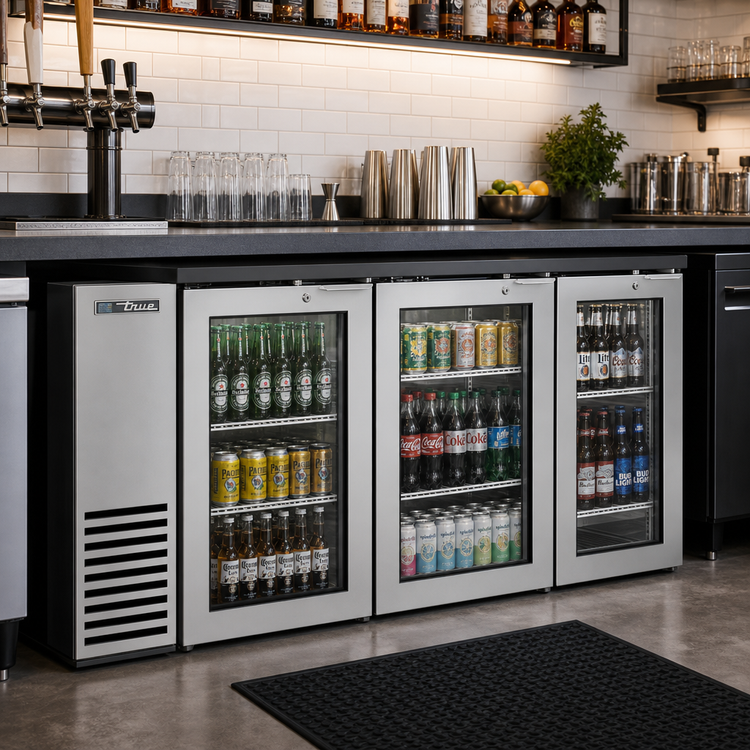 Product image #2 for True 72-1/8-Inch Two-Section Back Bar Cooler with 3 Glass Doors and Side-Mounted Self-Contained Refrigeration