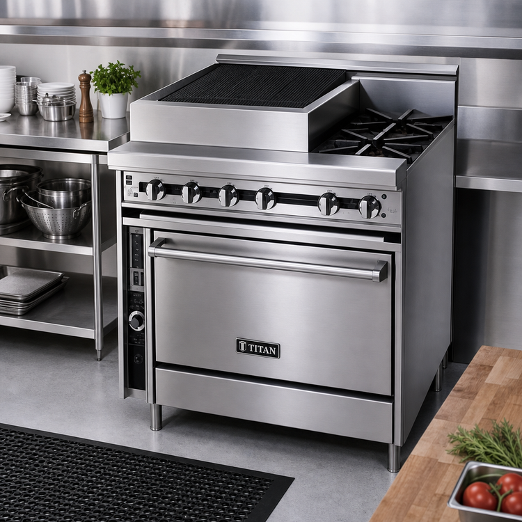 Product image #2 for Titan JTRH-18B-1FHT36C Heavy Duty Gas Range with 18 Inch Charbroiler, 18 Inch French Hot Top, and Convection Oven