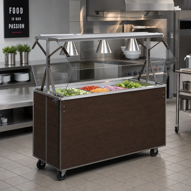 Product image #2 for Vollrath 2-Series Affordable Portable 60-Inch 4-Pan Non-Refrigerated Cold Food Station with Lights and Buffet Breath Guard, Walnut Woodgrain