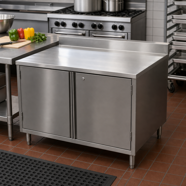 Product image #2 for BK Resources Enclosed Stainless Steel Work Table with Locking Hinged Door Cabinet Base, 36 x 30 Inches