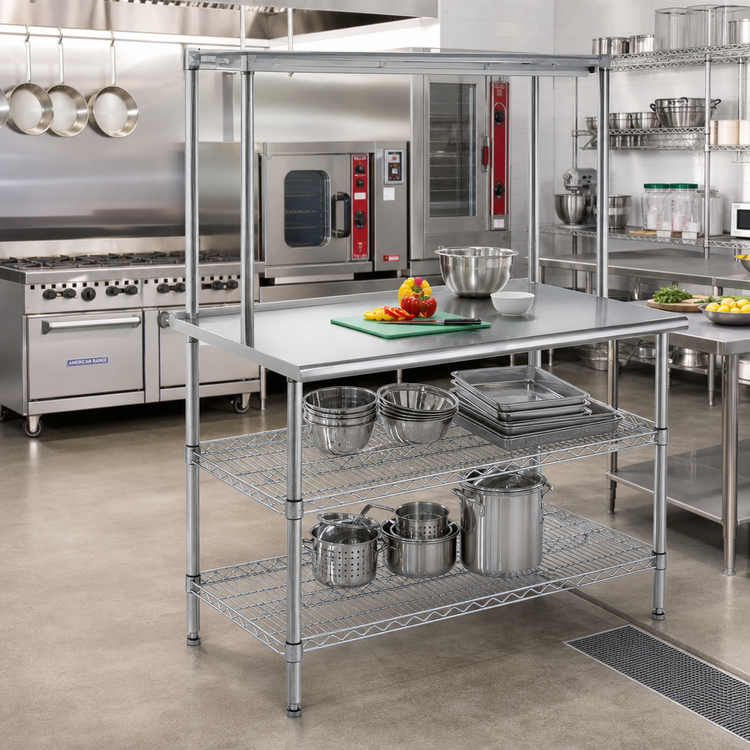 Product image #2 for Eagle AdjusTable 48-Inch x 30-Inch One-Tier 14-Gauge Stainless Steel Work Table with Adjustable Overshelf and 2 Undershelves
