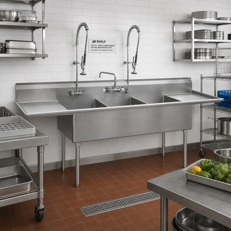 Product image #2 for Eagle Group Three-Compartment Double Drainboard Utility Sink, 120-1/4 x 28 Inches, 16-Gauge 430 Stainless Steel