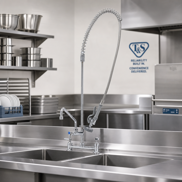 Product image #2 for T&S Brass EasyInstall Deck-Mount Pre-Rinse Unit with 12-Inch Swing Nozzle, Add-On Faucet, and 54-Inch Hose