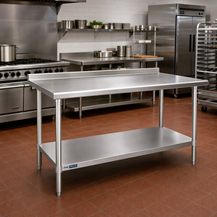 Product image #2 for Duke Deluxe 48-Inch Wide x 30-Inch Deep 16 Gauge 300 Series Stainless Steel Work Table with 1-1/8 Inch Straight Riser and Stainless Base