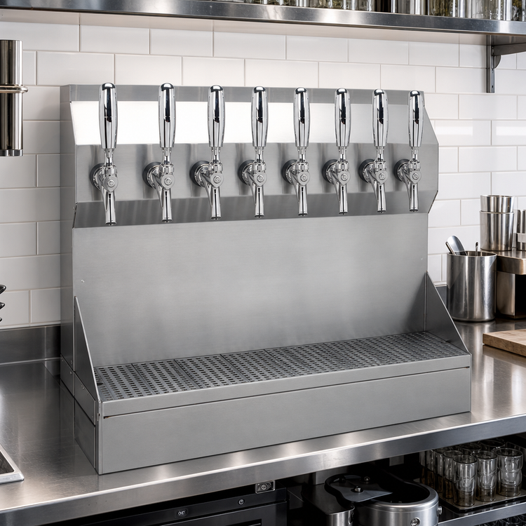 Product image #2 for Kronos 8-Faucet Wall-Mount Glycol-Cooled Draft Tower with Drip Tray, Brushed Stainless Steel