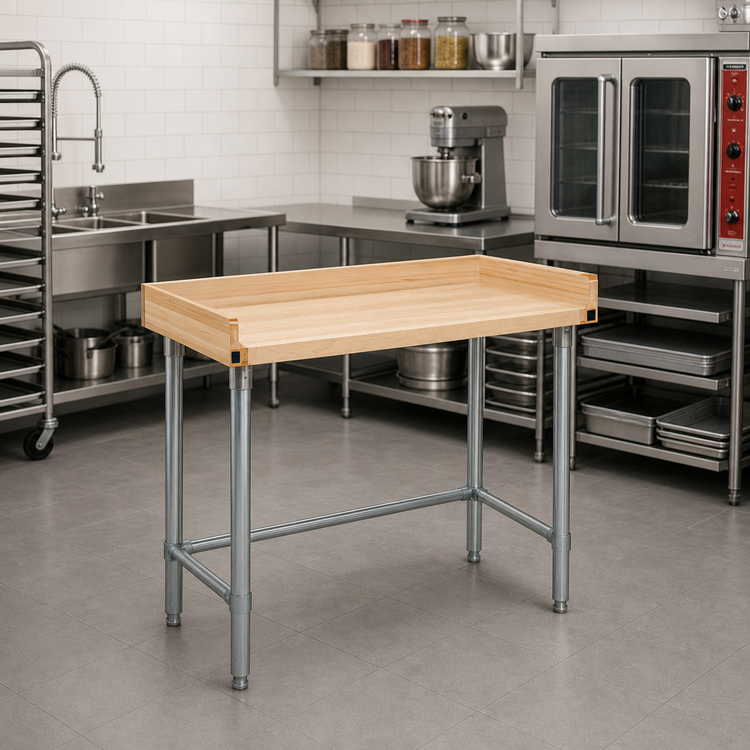 Product image #2 for Eagle Group 60 x 30 Inch Open Base Baker's Table with 1-3/4-Inch Hardwood Top, 4-Inch Splash, and Galvanized Tubular Base