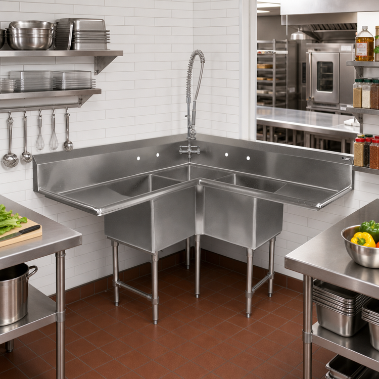 Product image #2 for John Boos Pro-Bowl 3-Compartment Corner Sink with Dual 24-Inch Drainboards, 76-1/2" x 76-1/2"