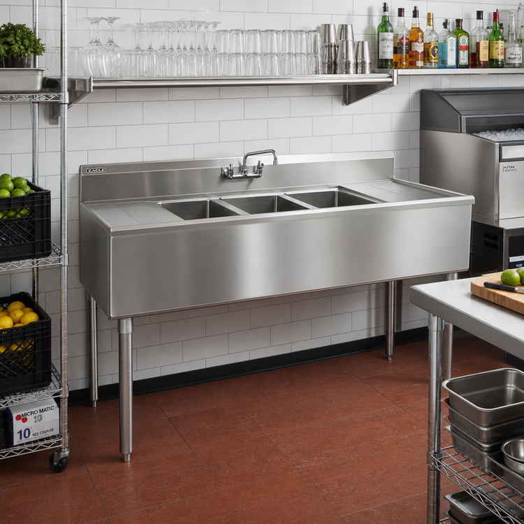 Product image #2 for Eagle Group 1800 Series 4-Compartment Underbar Sink Unit with Dual Drainboards, 72W x 20D, 304 Stainless Steel