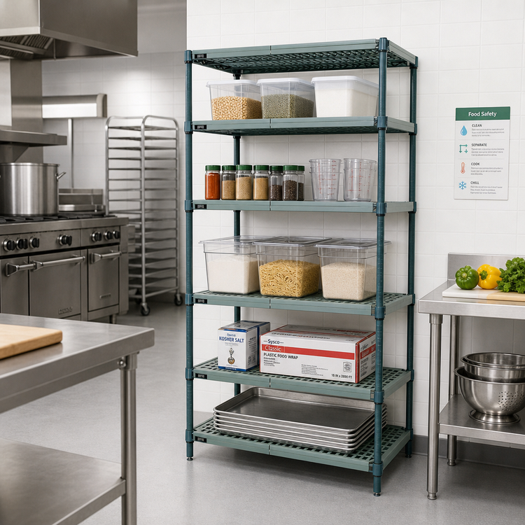 Product image #2 for Quantum 5-Tier Stationary Wire Plastic Mat Shelving Unit, 24 x 14 x 86 Inches, Green Epoxy Coated