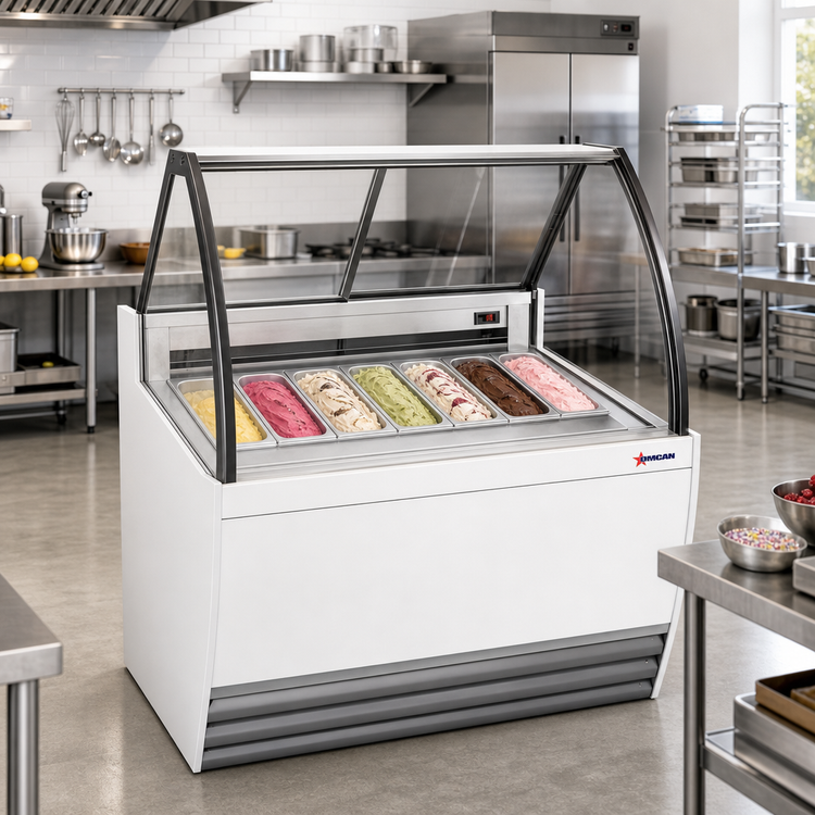 Product image #2 for Omcan White 41.3-Inch Full-Service Gelato Display Showcase, 7-Pan, Curved Glass
