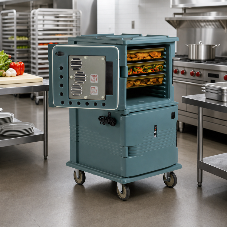 Product image #3 for Cambro Ultra Camcart® H-Series 2-Compartment Heated Front-Loading Food Pan Carrier with Heavy-Duty Casters