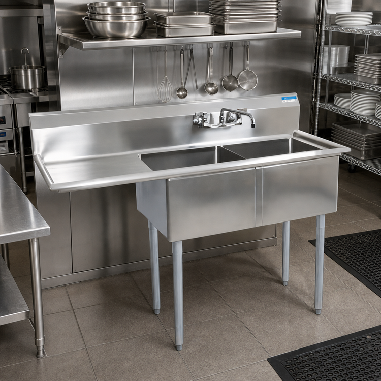 Product image #2 for BK Resources 18-Gauge Two Compartment Stainless Steel Sink with Left Drainboard, 18 x 18 x 12 Inch Bowls