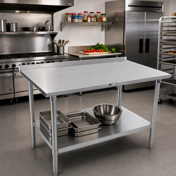 Product image #2 for John Boos Stallion 84-Inch x 36-Inch 16-Gauge 300-Series Stainless Steel Work Table with Rear Up-Turn and Adjustable Undershelf
