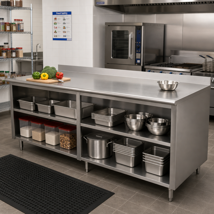 Product image #2 for Advance Tabco Special Value Economy 108-Inch x 30-Inch Stainless Steel Open Base Work Table with 5-Inch Backsplash and Mid-Shelf