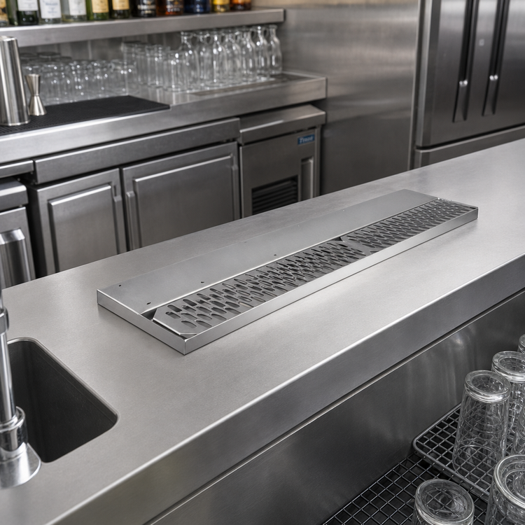 Product image #2 for Glastender 12-Inch Left-Drain Underbar Drink Rail with Removable Perforated Insert, Stainless Steel