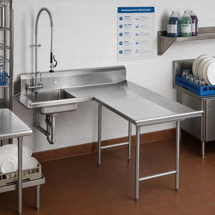 Product image #2 for Advance Tabco L-Shaped Right-Hand Dish Landing Soil Dishtable with Pre-Rinse Sink, 95-Inch Stainless Steel