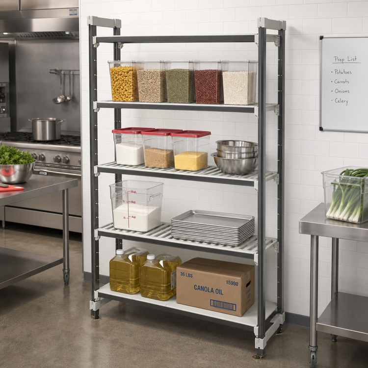 Product image #2 for Cambro Camshelving Elements XTRA High-Density Top-Rail Stationary Starter Unit, 21 x 60 x 81 Inch, 4-Shelf, 3 Vented + 1 Solid, Speckled Gray
