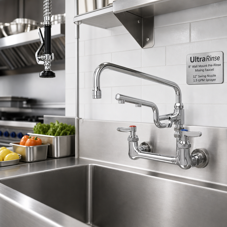 Product image #2 for UltraRinse 8-Inch Wall Mount Pre-Rinse Mixing Faucet with 12-Inch Swing Nozzle and 1.5 GPM Sprayer