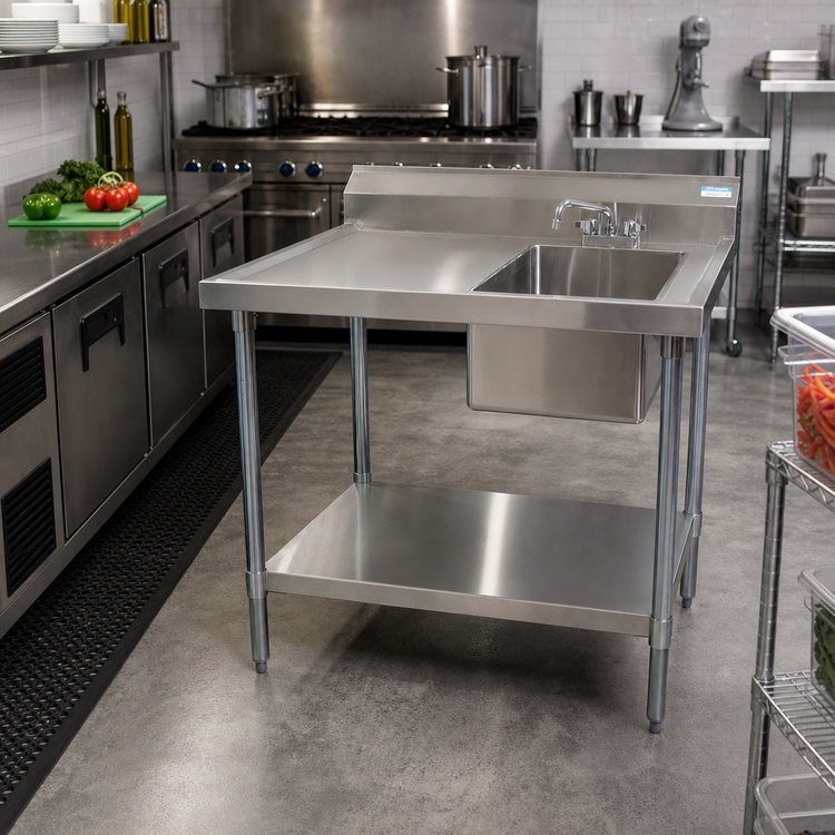Product image #2 for BK Resources 48-Inch Stainless Steel Prep Sink Work Table with Right-Side Sink and 6-Inch Backsplash