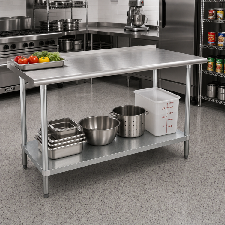 Product image #2 for Advance Tabco 84-Inch x 36-Inch 16-Gauge 430 Stainless Steel Work Table with 1-1/2-Inch Rear Up-Turn and Galvanized Undershelf