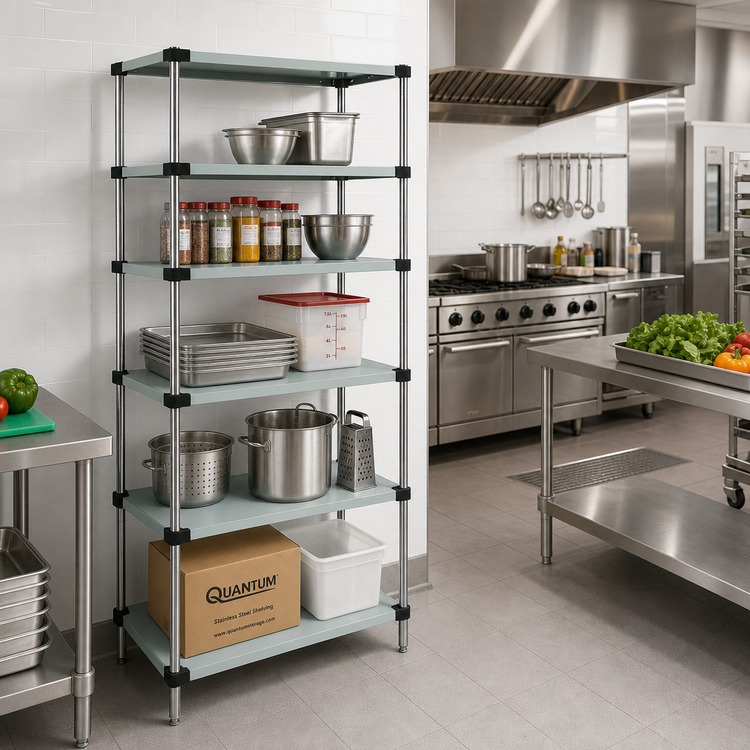 Product image #2 for Quantum 30 Inch W x 24 Inch D x 74 Inch H Solid Stainless Steel Shelving Starter Kit with 5 Shelves