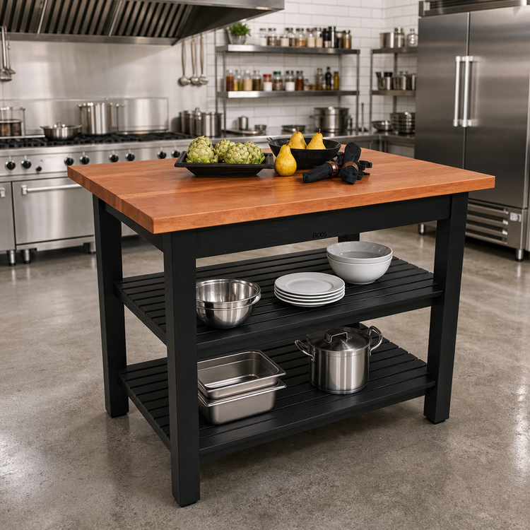 Product image #2 for John Boos Rouge et Noir Le Classique 48-Inch x 30-Inch American Cherry Wood Island Work Table with 2 Slatted Undershelves