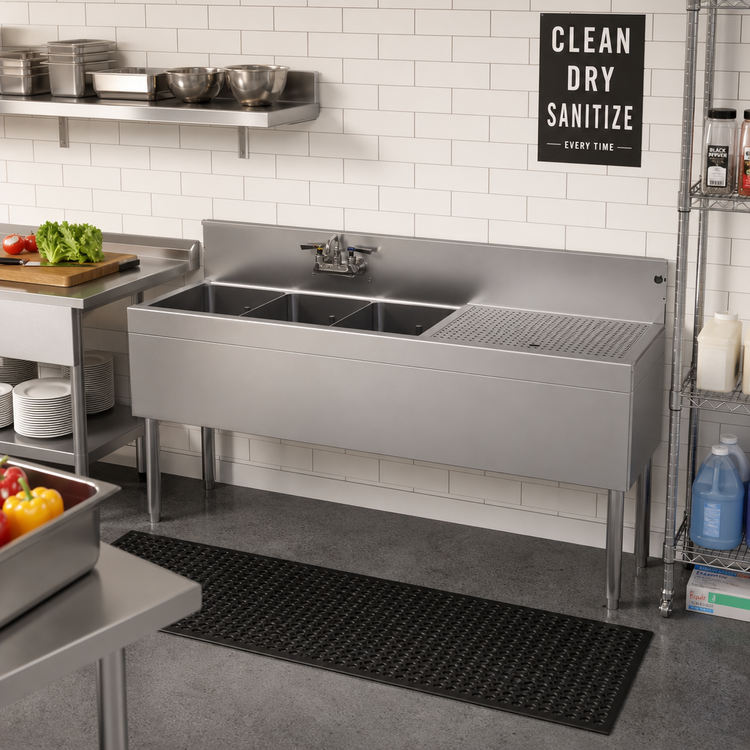 Product image #2 for Glastender Three-Compartment Underbar Sink Unit with Right Drainboard, 60 x 19 Inches, Stainless Steel