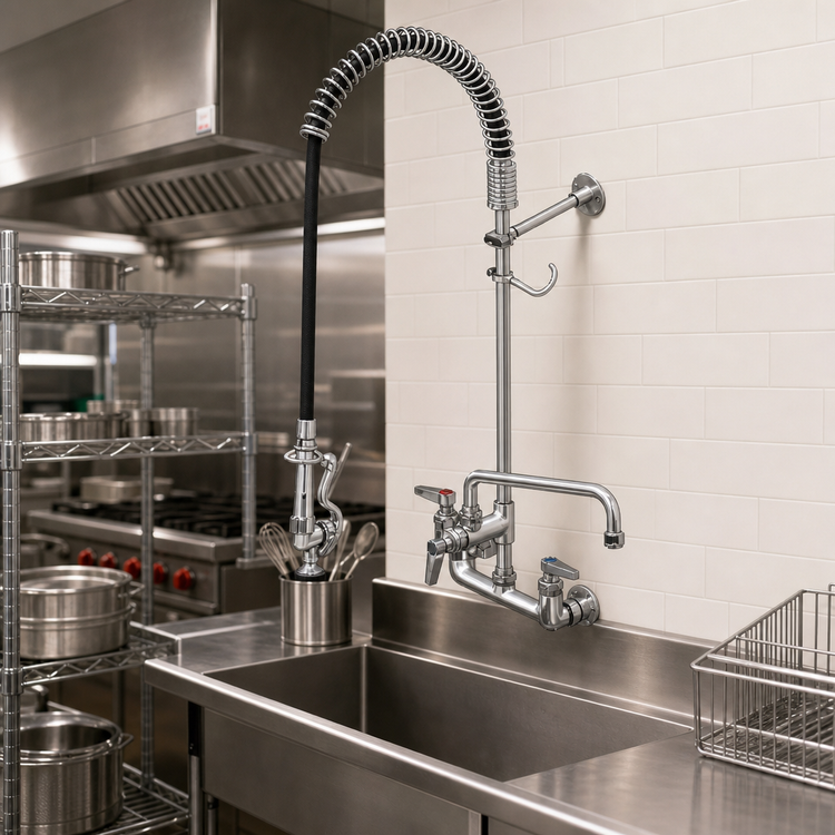 Product image #2 for T&S Brass EasyInstall 8 Inch Wall-Mount Pre-Rinse Unit with Add-On Faucet, 44 Inch Hose and 12 Inch Swing Nozzle