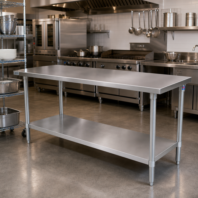 Product image #2 for John Boos Stallion 108-Inch x 24-Inch 14-Gauge 300 Series Stainless Steel Top Work Table with Galvanized Base and Undershelf