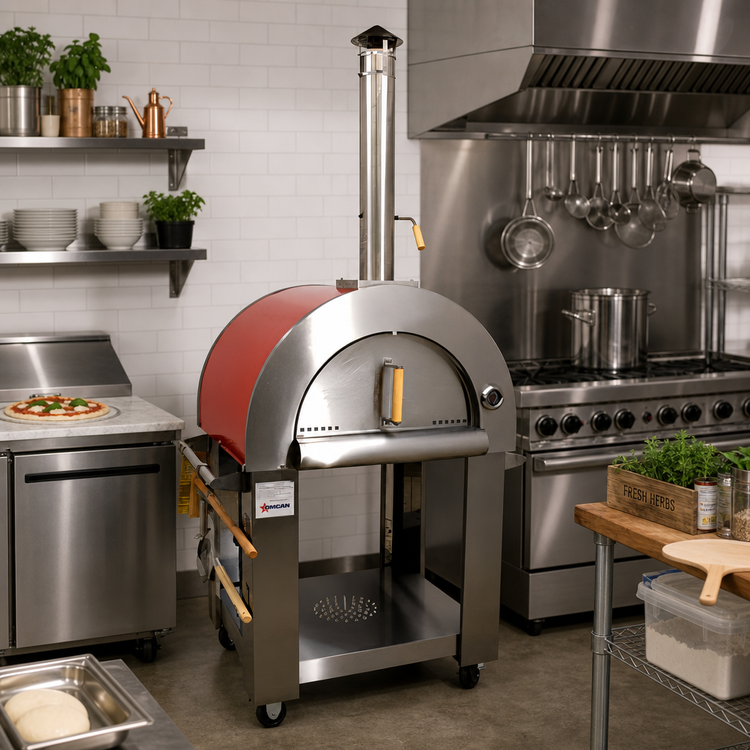 Product image #2 for Omcan Mobile Wood-Burning Pizza Oven with Brick Cooking Area, Red Enamel Shield, and Casters