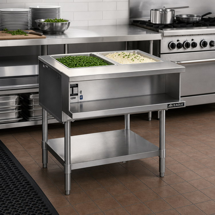 Product image #2 for Eagle Group 33-Inch Natural Gas Water Bath Hot Food Table with Open Base and Undershelf, 2-Pan Capacity