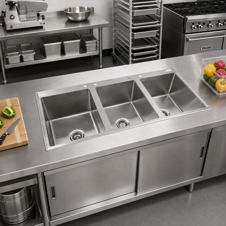 Product image #2 for John Boos Pro-Bowl 3-Compartment Stainless Steel Drop-In Sink with Deck-Mount Faucet Holes, 56 x 25 x 12 Inches