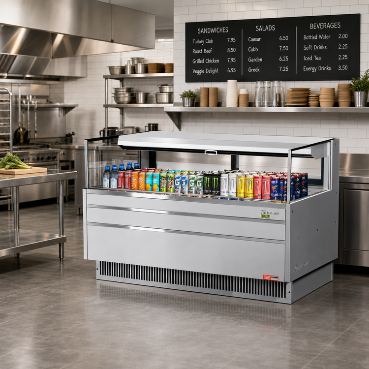 Product image #2 for Turbo Air 58.75-Inch Low-Profile Horizontal Open Display Merchandiser with Self-Contained Refrigeration and Sliding Rear Glass Doors
